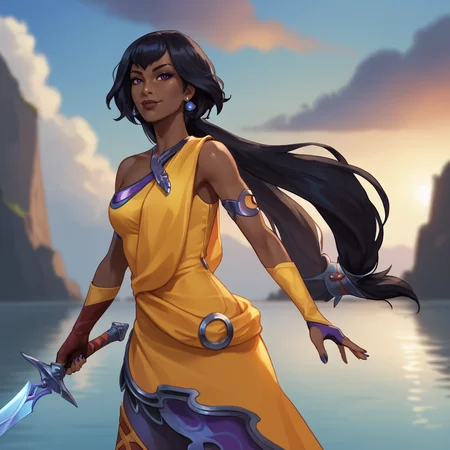 <lora:nilahlol_pony_v1:.8> nilah, 1girl, very dark skin, dark-skinned female, earrings, jewelry, black hair, purple eyes, dress, lips, armlet, nail polish, fingerless gloves, bare shoulders, cowboy shot