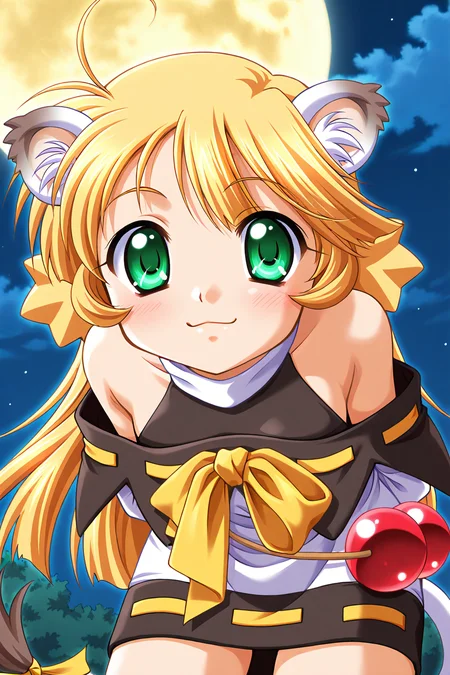 masterpiece, best quality, absurdres, official art, official style, general BREAK <lora:ouki-torakapu_IL_v1-1:0.7>, ouki, 1girl, solo, green eyes, blonde hair, sidelocks, long hair, ahoge, no headwear, flat chest, tiger girl, tiger ears, animal ear fluff, tiger tail, tail ribbon, yellow ribbon, turtleneck, halterneck, black capelet, ribbon trim, white dress, short dress, off-shoulder dress, bare shoulders, yellow bow, breast bow, long sleeves, wide sleeves, detached sleeves, red orbs, two large orbs, hanging from waist, outdoors, full moon, night, cloud, night sky, moonlight, starry sky,
blush, :3, arms behind back, bent over, close-up, closed mouth, leaning forward, looking at viewer, small breasts, smile, standing