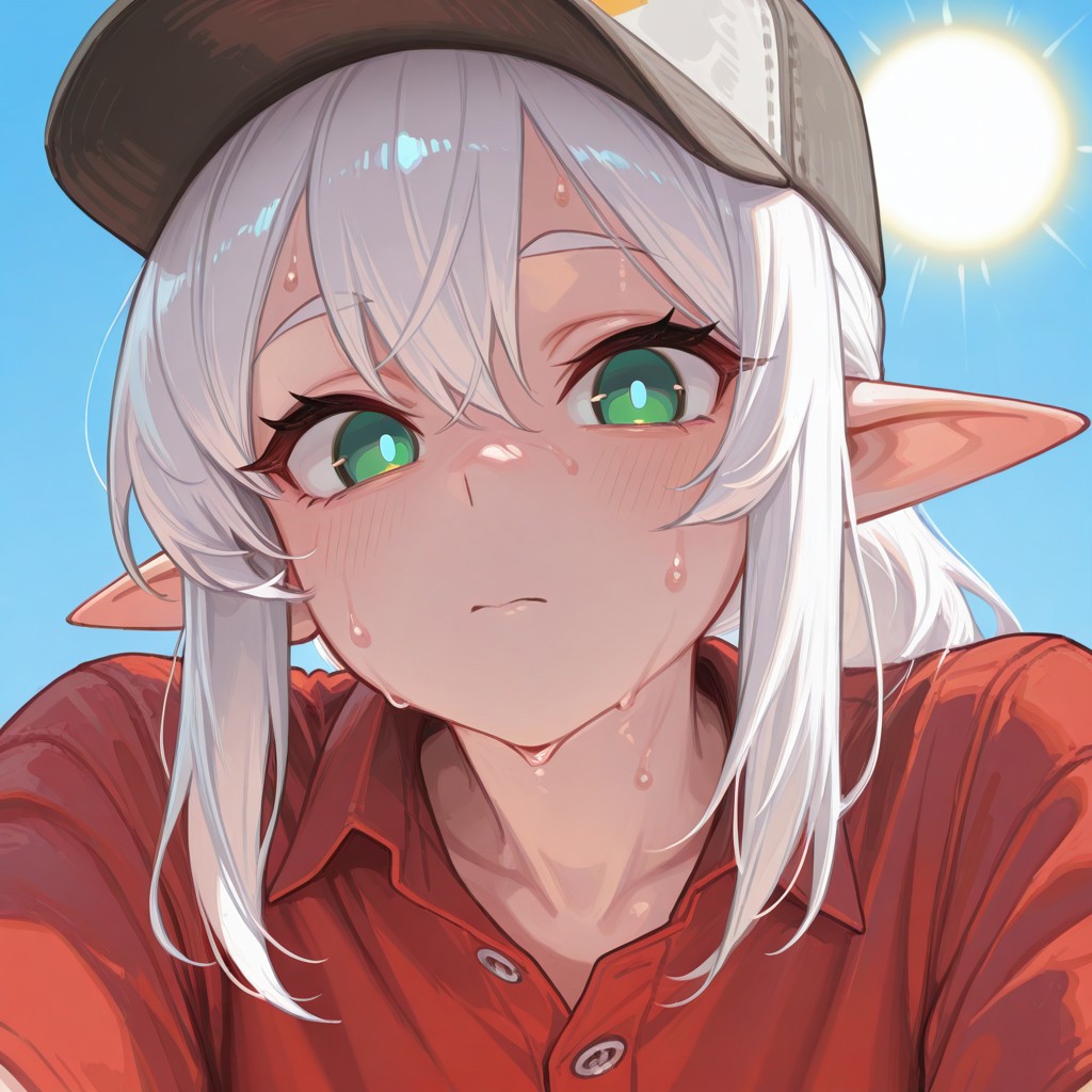 masterpiece, best quality, amazing quality, very aesthetic, absurdres, newest, usnr, Lhata4564_illu, 
1girl, solo, close up, 
White hair, sun, hot, sweat, red shirt, button up, baseball cap, 
solid circle pupils, green eyes, blue pupils,
Looking at viewer,
long pointy ears,