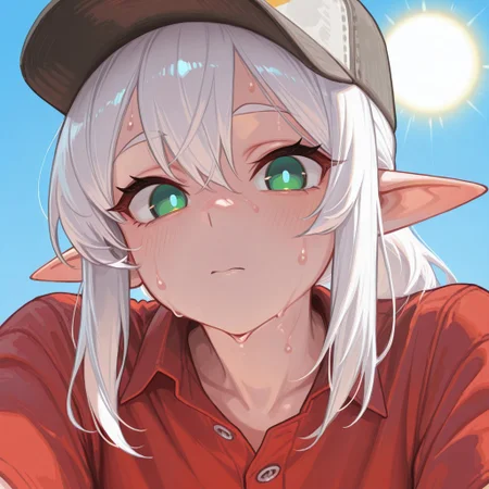 masterpiece, best quality, amazing quality, very aesthetic, absurdres, newest, usnr, Lhata4564_illu,
1girl, solo, close up,
White hair, sun, hot, sweat, red shirt, button up, baseball cap,
solid circle pupils, green eyes, blue pupils,
Looking at viewer,
long pointy ears,
