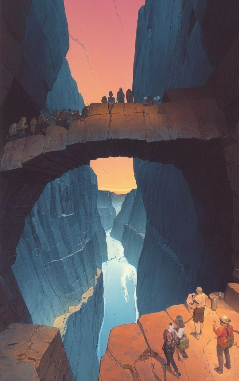 artwork <lora:Moebius:1>, outdoor at midnight, a lot people do a perceive, canyon, sill