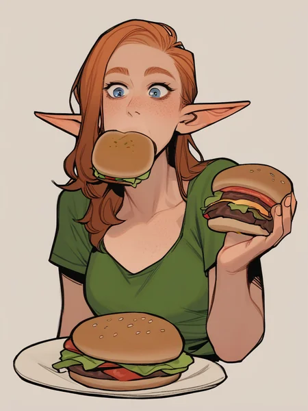 elf eating a hamburger, hamburger
score_8_up <lora:Incase's Alfie C FT:1>