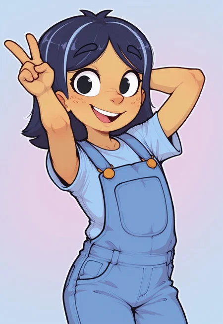 1girl, solo, bluey heeler, bluey, dark blue hair, light blue hair, black eyes, ferckles, freckles, light brown skin, smile, looking at viewer, dynamic pose, v, cute, masterpiece, best quality, highres, upper body, detailed, shortalls, abstract background, dynamic, colorful, open mouth, t-shirt, playful, PL3B3TYLE,