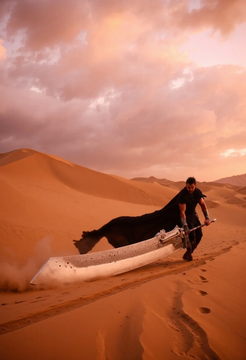A dramatic, hyper-realistic photo of a muscular warrior dragging an unbelievably massive sword through the endless desert. The blade carves a deep trail in the sand as he trudges forward, his flowing cape billowing in the dry wind. The pink-orange sunset casts a surreal glow over the vast landscape, with volumetric clouds stretching across the sky. The golden light reflects off the oversized sword, emphasizing its sheer weight and impossible size. His determined gaze is set on the horizon, a lone figure against the endless dunes, embodying both struggle and strength.