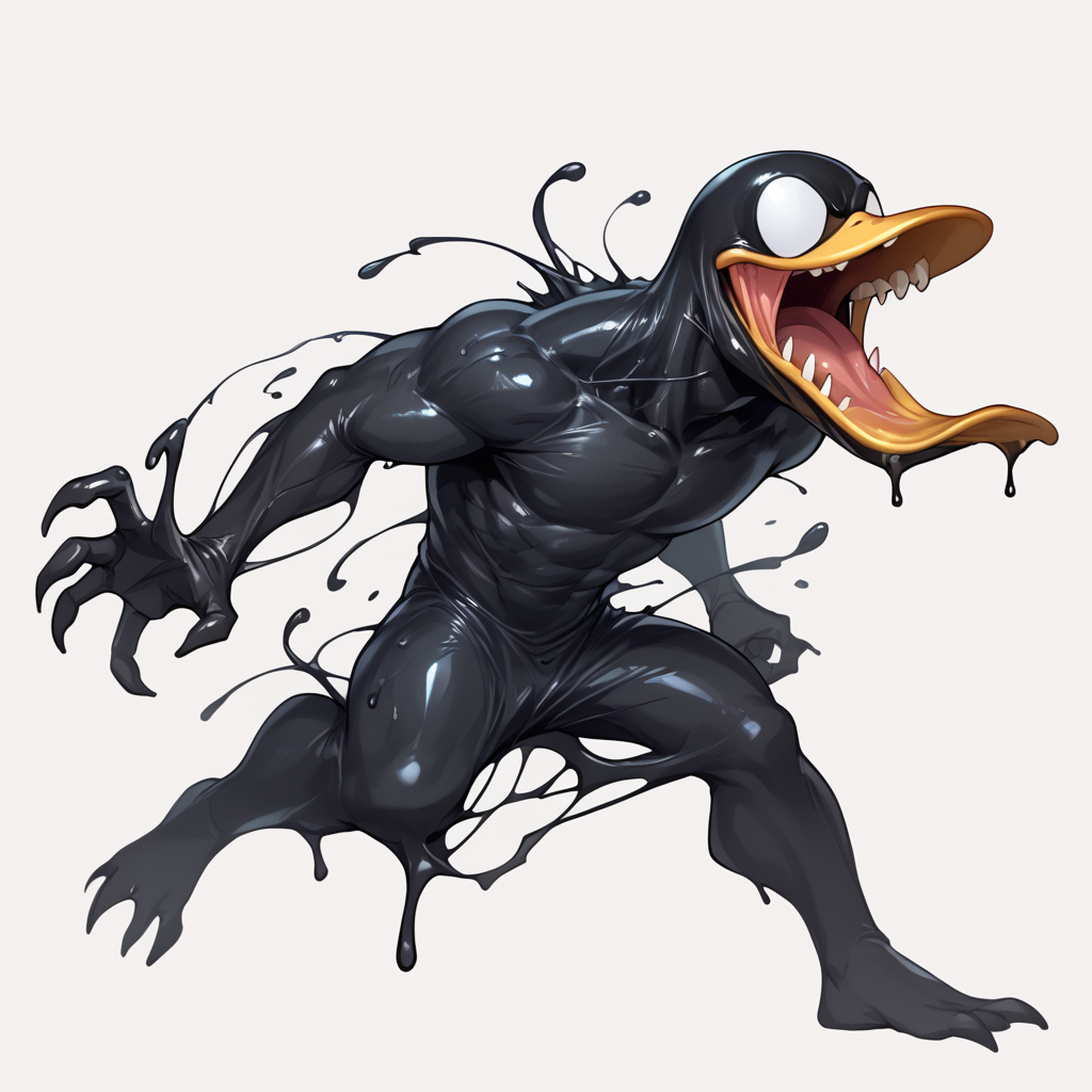 score_9, score_8_up, score_8, score_7, black goo, duck, <lora:s1m13073PNYXL_V00:0.6> s1m13073, solo, open mouth, simple background, white background, teeth, no humans, sharp teeth, monster, no eyes