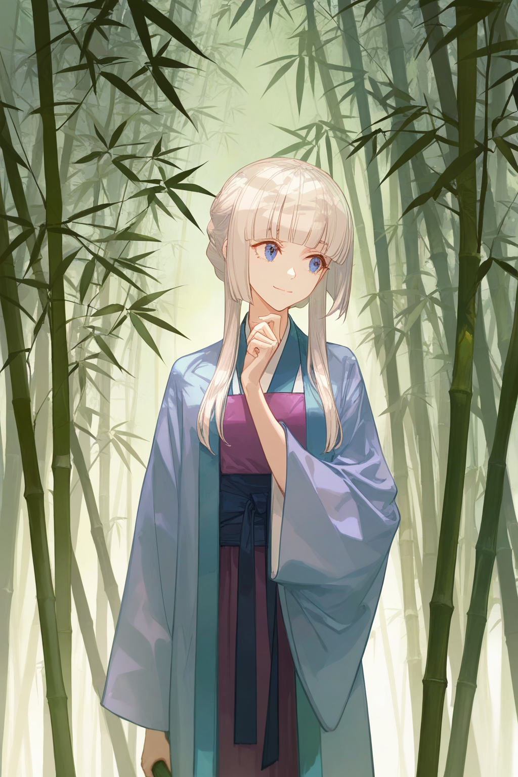 artist:ask_(askzy),artist:yolanda,[artist:WANKE],artist:ciloranko,multicolored,<lora:fenglingyuxiu-000018:0.6>, -fenglingyuxiu, 1girl, bamboo, bamboo forest, solo, blue eyes, white hair, nature, forest, japanese clothes, smile, outdoors, looking to the side, closed mouth, holding, wide sleeves, blunt bangs, short hair with long locks, kimono, long hair, long sleeves, sidelocks, hand up