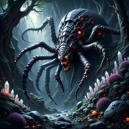 famous masterwork, intricately detailed fantasy oil painting, epic composition, detailed background, chiaroscuro, crystalline, (fractal art:0.6), cinematic film still, this peculiar life form, the "burglybonked furlreaver" hides in the briscmeggling dense crystal jungles of the vorblyborked exoplanet "curlyturf i", covered in a metallic exoskeleton it ambushes its prey with (long crystalline appendages:1.4), mythp0rt <lora:image_enhancer-flux-by_dever:0.6> <lora:style-velvet's_mythic_fantasy-flux-by_velvets:0.72>