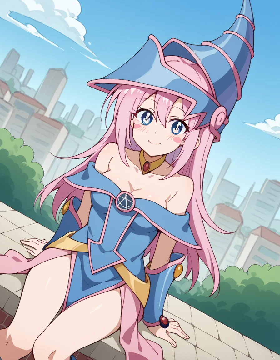 score_9, score_8_up, score_7_up, source_anime, <lora:miyako-shikimori-s1-ponyxl-lora-nochekaiser:1>, miyako shikimori, long hair, blue eyes, hair between eyes, pink hair, medium breasts,, <lora:dark-magician-girl-cosplay-ponyxl-lora-nochekaiser:1>, dark magician girl cosplay, dark magician girl (cosplay), bare shoulders, blue footwear, blush, blush stickers, cleavage, collarbone, duel monster, hat, off shoulder, pentacle, wizard hat,, outdoors, cityscape, sitting, smile, blush, cowboy shot, looking at viewer, , dutch angle, cowboy shot