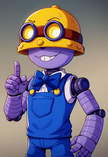 score_9_up, score_8_up, BREAK, <lora:NerdyGirlWithBuckTeeth_PXL_Leaf1:1>, gradient background, closed mouth, upper body, single index finger raised, smug,bscarl , 1boy , robot , yellow headwear , goggles on headwear covered eyes, yellow eyes , solo , blue overalls, shorts , sleeveless, red bowtie, no nose,buck teeth
