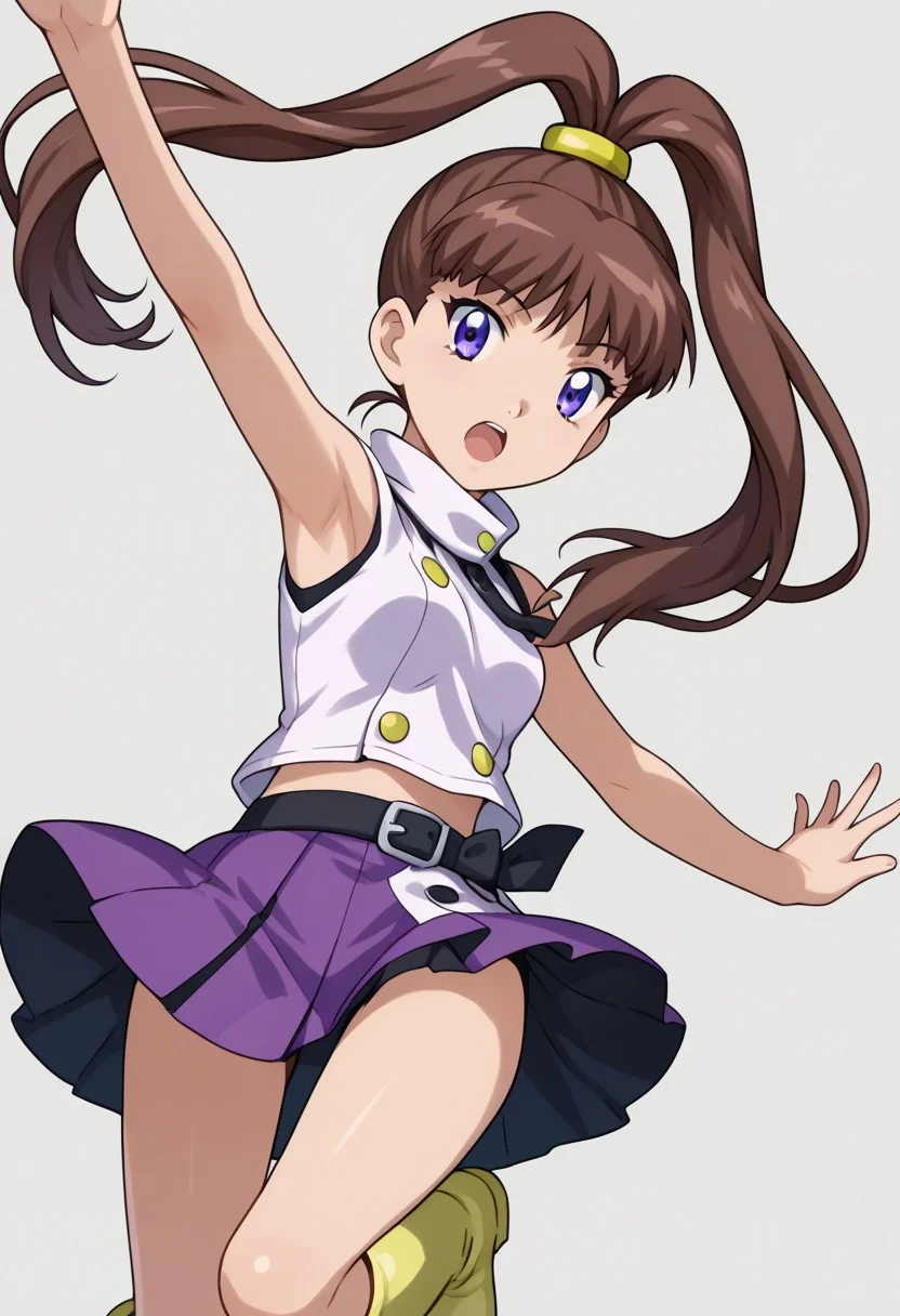 score 9, score 8 up, score 7 up, digimon xros wars, nene amano, 1girl, brown hair, split ponytail, skirt, solo, armpits, open mouth, purple eyes, arm up, boots, long hair, twintails, blue eyes, ponytail