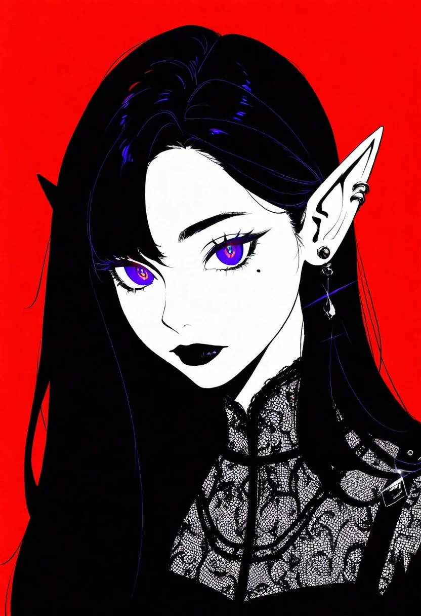 masterpiece, best quality, good quality, very aesthetic, absurdres, newest, 1girl, solo, looking at viewer, shirt, closed mouth, jewelry, violet eyes, pointed ears, elf, black hair, earrings, long hair, mole, lace dress, silver eyes, eyelashes, black lips, mole under eye, piercing, red background, portrait, ear piercing, spot color, hair behind ear,Fashion,head_down, Side head, purple_lips, spot color, <lora:ponyv5_noobV065S_1_adamW-000013:0.7> <lora:USNR_STYLE_XL_lokr:0.45>