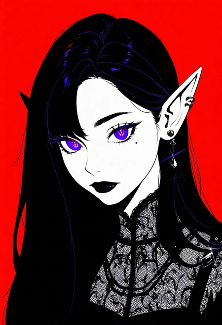 masterpiece, best quality, good quality, very aesthetic, absurdres, newest, 1girl, solo, looking at viewer, shirt, closed mouth, jewelry, violet eyes, pointed ears, elf, black hair, earrings, long hair, mole, lace dress, silver eyes, eyelashes, black lips, mole under eye, piercing, red background, portrait, ear piercing, spot color, hair behind ear,Fashion,head_down, Side head, purple_lips, spot color, <lora:ponyv5_noobV065S_1_adamW-000013:0.7> <lora:USNR_STYLE_XL_lokr:0.45>