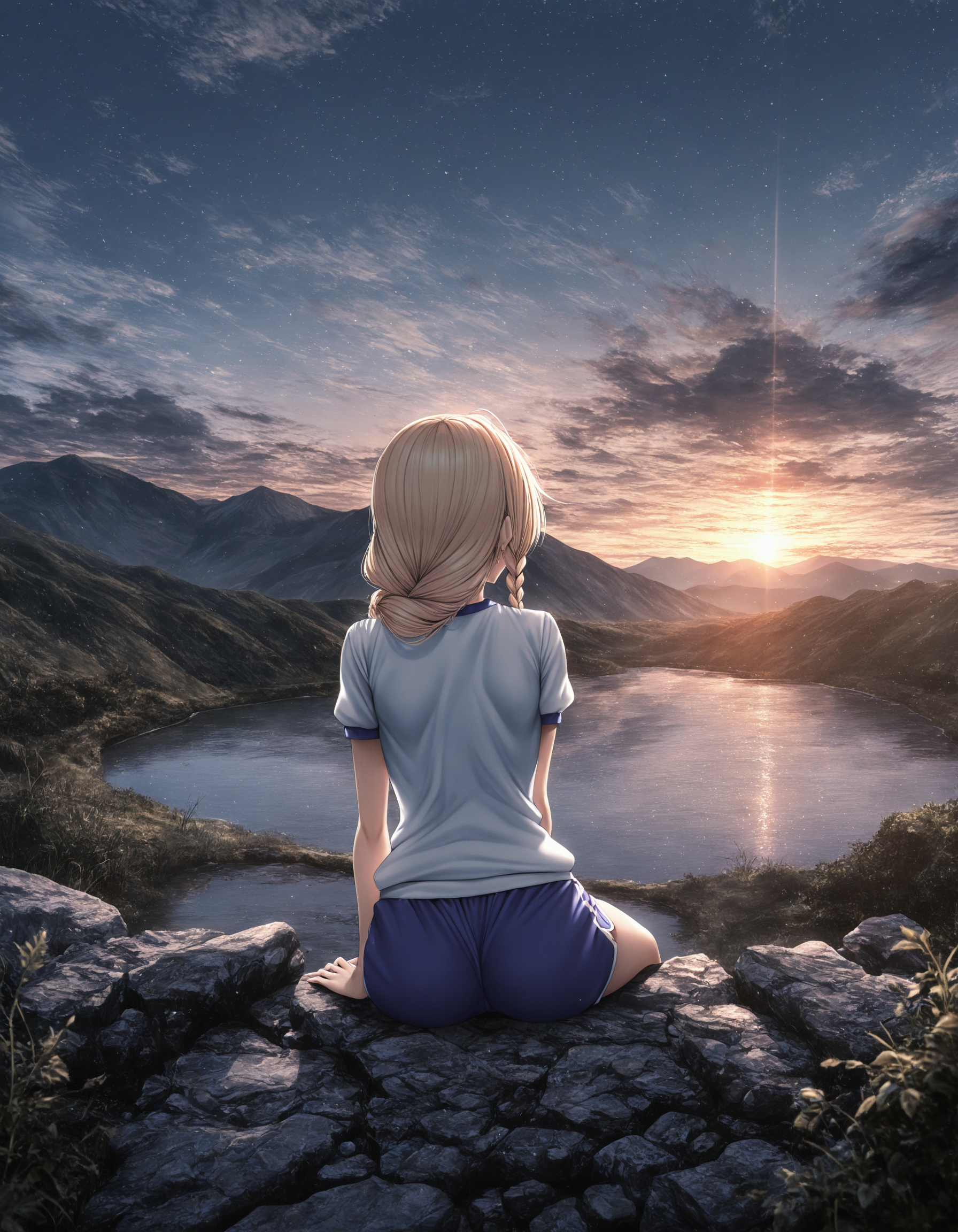 [landscape, river, dawn:1girl, (eichi \(yashokuya\):0.9), (fouriasensei:0.9), (piromizu:0.8), sitting, from behind, landscape, river, dawn, blonde hair, side braid, single braid, medium breastsgym shorts, gym shirt, :0.1], masterpiece, best quality, extreme quality, cg, 8k