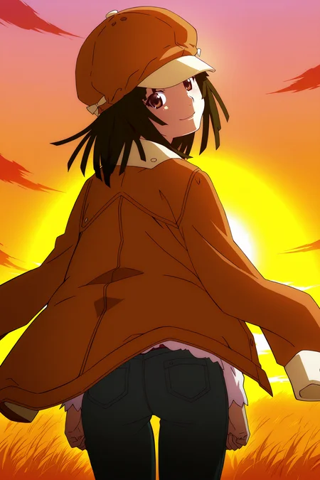 anime screencap, anime coloring, detailed face, masterpiece, best quality, very aesthetic, absurdres, volumetric lighting, official style, amazing quality, ultra detailed, highres, amazing quality, scenery, beautiful detailed hair, beautiful detailed eyes,
<lora:StS-Illustrious-Detail-Slider-v1.0:4>
<lora:Nadeko_Sengoku_Monogatari_Series:1>
outdoors, sunset,
Nadeko brown hat outfit, Nadeko Sengoku (character), sengoku nadeko, 1girl, solo, jacket, jacket on shoulders, cabbie hat, brown hair, pants, brown eyes, medium hair,
shaft head tilt, from behind, looking back at the viewer, smile