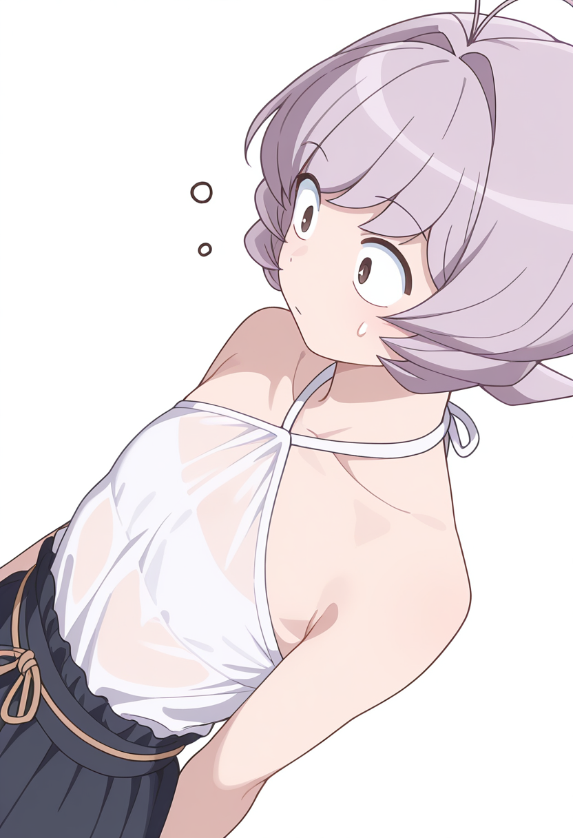Smooth Quality,masterpiece,very intricate, high quality details, ultra realistic, high detailed skin,detailed enviorement,
simple background, white background,sideways,o o,
 wrap skirt,  ,see-through shirt,  ,halter top, , <lora:Osana_Najimi_cnn:0.8> osananajimicnn, 1other,short hair, brown eyes, antenna hair, androgynous, light purple hair,