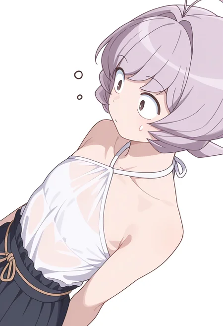 Smooth Quality,masterpiece,very intricate, high quality details, ultra realistic, high detailed skin,detailed enviorement,
simple background, white background,sideways,o o,
wrap skirt, ,see-through shirt, ,halter top, , <lora:Osana_Najimi_cnn:0.8> osananajimicnn, 1other,short hair, brown eyes, antenna hair, androgynous, light purple hair,