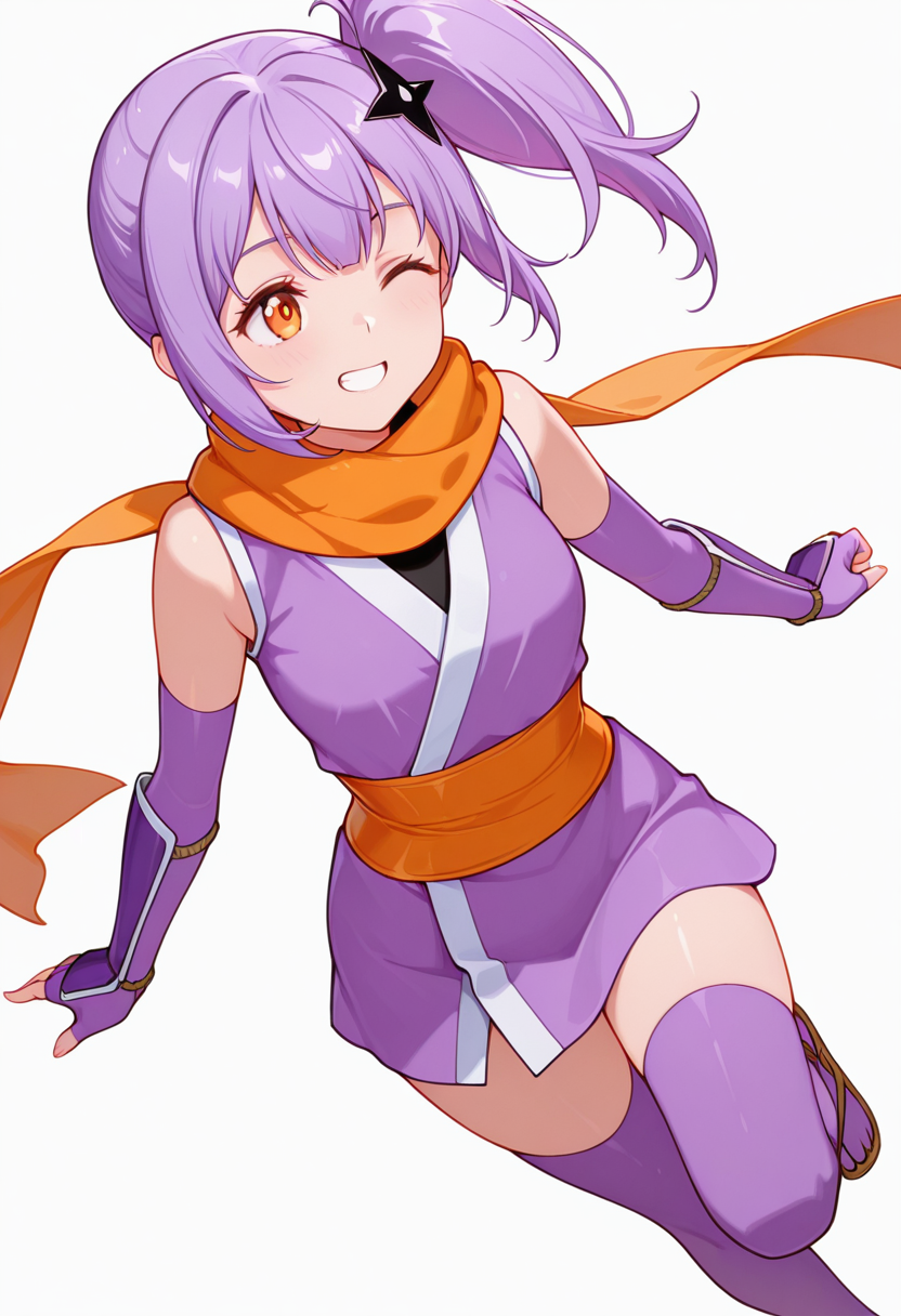 masterpiece,high quality details, absurdres,
dynamic twist,relaxed hands,natural movement,
 <lora:Satoko_Kusagakure:0.9>
satoko_cnr, 1girl, purple hair, long hair, side ponytail,orange eyes,hair ornament,sidelocks,enh_cnr,
satoko_s1, ninja, japanese clothes,short kimono, sleeveless, sash, scarf, purple thighhighs, sandals, fingerless gloves, elbow gloves,, simple background, white background, dynamic angle,solo,, excited,grin,, ;o,