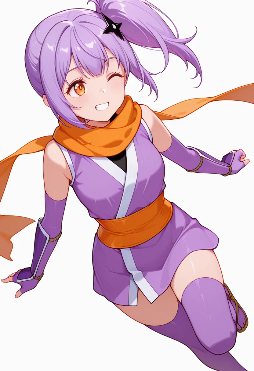 masterpiece,high quality details, absurdres,
dynamic twist,relaxed hands,natural movement,
 <lora:Satoko_Kusagakure:0.9>
satoko_cnr, 1girl, purple hair, long hair, side ponytail,orange eyes,hair ornament,sidelocks,enh_cnr,
satoko_s1, ninja, japanese clothes,short kimono, sleeveless, sash, scarf, purple thighhighs, sandals, fingerless gloves, elbow gloves,, simple background, white background, dynamic angle,solo,, excited,grin,, ;o,