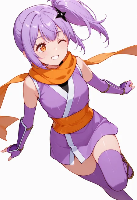 masterpiece,high quality details, absurdres,
dynamic twist,relaxed hands,natural movement,
 <lora:Satoko_Kusagakure:0.9>
satoko_cnr, 1girl, purple hair, long hair, side ponytail,orange eyes,hair ornament,sidelocks,enh_cnr,
satoko_s1, ninja, japanese clothes,short kimono, sleeveless, sash, scarf, purple thighhighs, sandals, fingerless gloves, elbow gloves,, simple background, white background, dynamic angle,solo,, excited,grin,, ;o,
