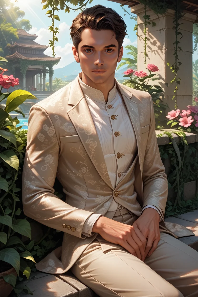 score_9, score_8_up, score_7_up,
<lora:MEKaidan:0.8>
MEKaidan, 1boy, brown hair, brown eyes, looking at viewer, sitting on a stone bench in a Mediterranean courtyard, wearing a light linen suit, vines and flowers around, warm sunlight, elegant and relaxed mood