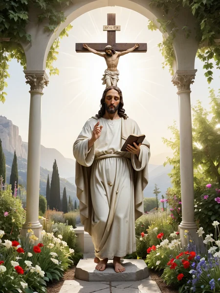 score_9, score_8_up,score_7_up, score_6_up, score_5_up, score_4_up, view of dg_DougXL, saint, position like jesus on cruzifix, saint light background, garden eden, god save him<lora:dg_DougXL:0.75>