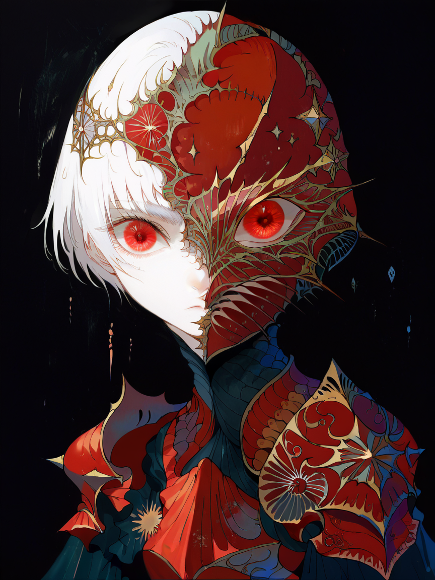 score_9, score_8_up, score_7_up, score_6_up, score_5_up,    <lora:MONXLP:1> mon, armor, red eyes, solo, black background, looking at viewer, helmet, shoulder armor, breastplate, simple background, white hair, short hair, pauldrons, 1girl, cape, upper body