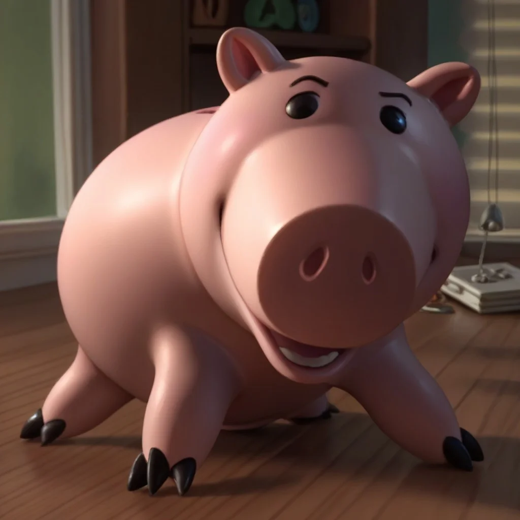 score_9, score_8_up, score_7_up, hamm, 1boy, male, furry male, solo, pig, piggy bank, pink body, black eyes, no sclera, coin slot, cork, 3 toes, standing, smile, looking at viewer, on floor, indoors, living room