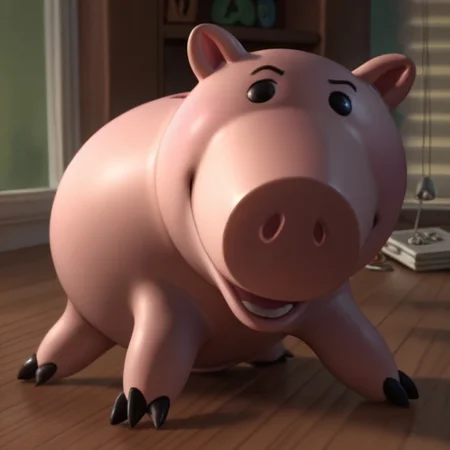 score_9, score_8_up, score_7_up, hamm, 1boy, male, furry male, solo, pig, piggy bank, pink body, black eyes, no sclera, coin slot, cork, 3 toes, standing, smile, looking at viewer, on floor, indoors, living room