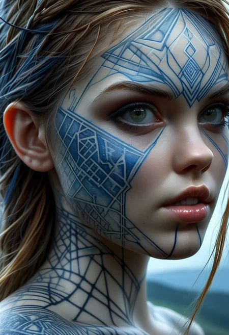 Nordic Rune tattoo on girls face, close-up, by Minjae Lee, Carne Griffiths, Emily Kell, Steve McCurry, Geoffroy Thoorens, Aaron Horkey, Jordan Grimmer, Greg Rutkowski, amazing depth, double exposure, surreal, geometric patterns, intricately detailed, bokeh, perfect balanced, deep fine borders, artistic photorealism , smooth, great masterwork by Suiras <lora:add-detail-xl:2> <lora:Double_Exposure:0.5>