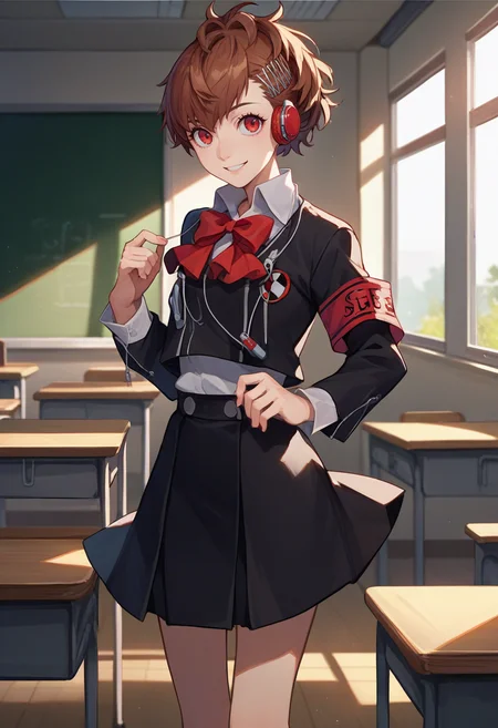 score_9, score_8_up, score_7_up, source_anime, 1girl, shiomi kotone, smile, looking at viewer, standing, hairclip, gekkoukan high school uniform, black jacket, red bow, armband, long sleeves, black skirt, headphones, digital media player, indoors, classroom <lora:persona3_shiomi_ponyXL:1>
