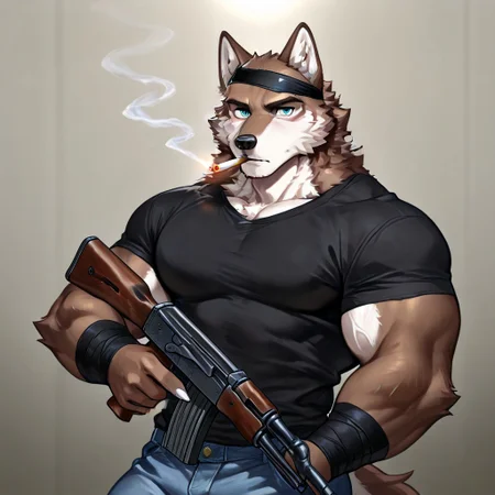 score_9, score_8_up, score_7_up, masterpiece, high budget, best style, 4k render, 8k render, high resolution, ultra detail, very high rating, (smooth lines), cartoon style,
anthro, furry, 1boy, solo, wolf, brown body, white fur, cyan eyes, body veiny, bodybuilder, muscular male, cyan jense, black t-shirt, bullet("AK-47"), black bandage on head, white claws, cigarettes in mouth