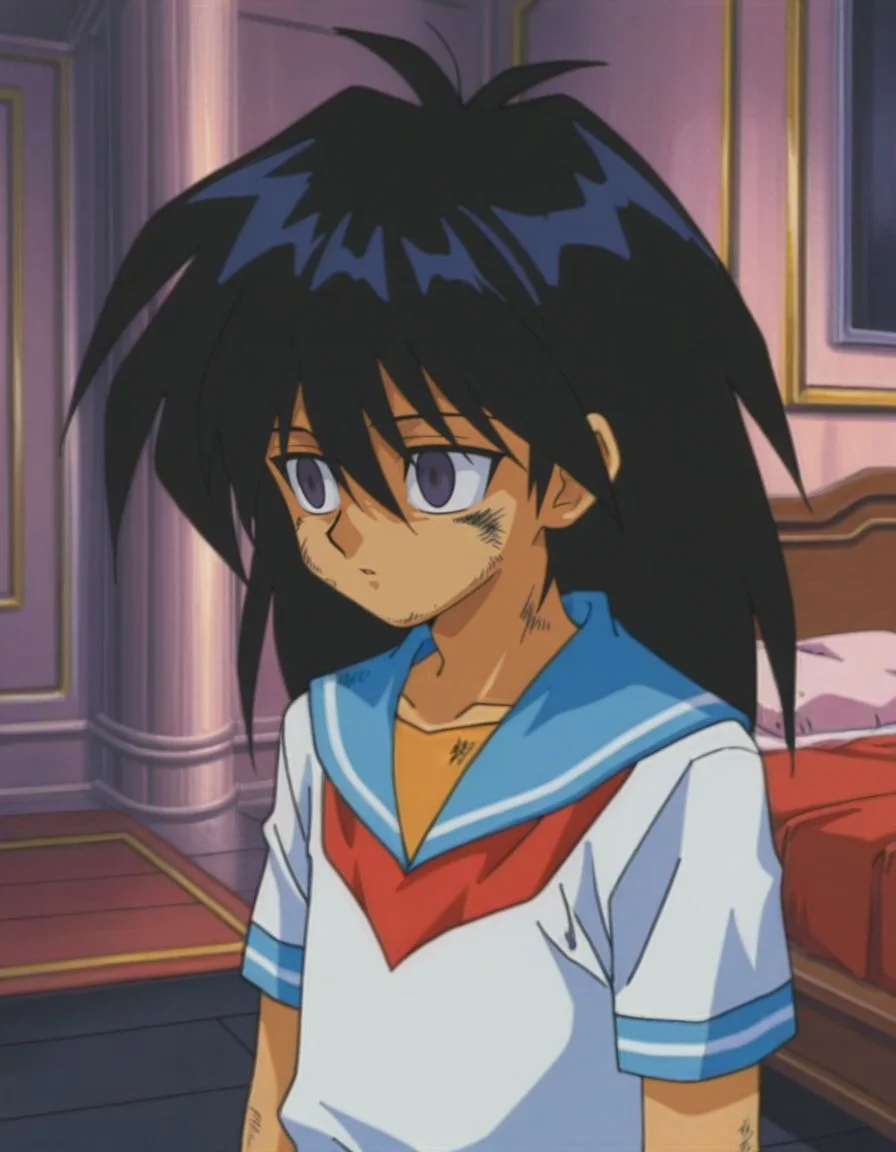 masterpiece, best quality, male focus, bedroom, (sailor:1.2), solo,dirty, facing to the side, looking ahead, 
<lora:Mind_Controlled_Mokuba_1:0.9>, m0ku, 1boy, black hair, long hair, purple eyes, retro artsyle, 1990s (style), hair between eyes, male child, empty eyes,
