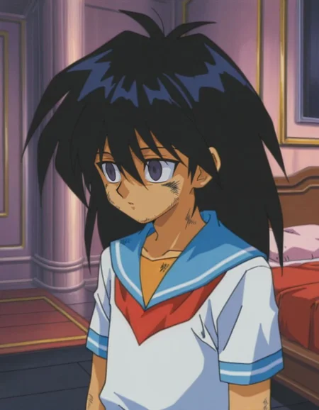 masterpiece, best quality, male focus, bedroom, (sailor:1.2), solo,dirty, facing to the side, looking ahead,
<lora:Mind_Controlled_Mokuba_1:0.9>, m0ku, 1boy, black hair, long hair, purple eyes, retro artsyle, 1990s (style), hair between eyes, male child, empty eyes,