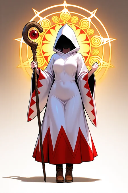 Shambhala: A hidden paradise where enlightened beings live in perfect harmony,1girl,<lora:White_mage_Illustrious:1>,white mage_cos,white mage,hood,robe,long sleeves,boots,staff,holding staff,, masterpiece, best quality, amazing quality, newest