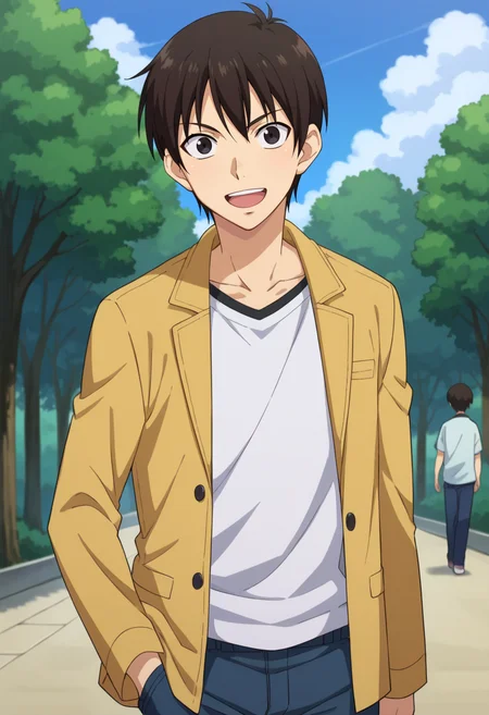 score_9,score_8_up,score_7_up,anime coloring BREAK source_anime,anime,<lora:Kei_Yuuki_Tales_of_Agriculture___çµåè_ããããã__PonyXL:0.9>,yuuki_kei,solo,1boy,otoko no ko,black eyes,short hair,smile,open mouth,hands_on_hips,shirt,jacket,open jacket,pants,outdoors,standing,looking_at_viewer,