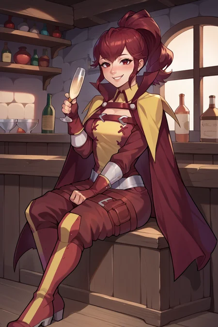 score_9, score_8_up, score_7_up, score_6_up, source_anime BREAK 1girl, solo, <lora:feanna-pdxl-nvwls-v1-000005:1> fe13Anna, red hair, ponytail, red and yellow tunic, maroon cape, belt, fingerless gloves, red pants, boots, sitting, tavern, indoors, holding champagne, looking at you, smile, blush