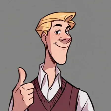 Zpdxl3, Score_7_up, score_8_up, solo male, upper body, 
BREAK,
 RogCliffe, blonde, sweater vest, collared shirt, rolled sleeves, [looking at viewer], (thumbs up), simple background,