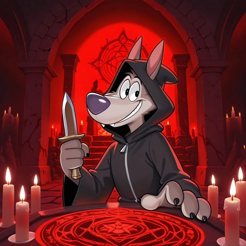 <lora:Chip_the_Wolf_-_Illustrious> Chipwolf, 1boy, solo, black robes, black hood, portrait, looking at viewer, smile, holding object, ritual dagger, magic cookie, red lighting, stone temple, blood on walls, dark room, candles, magic circle, masterwork, masterpiece, best quality, hyper-detailed, 8k uhd::1.4,
