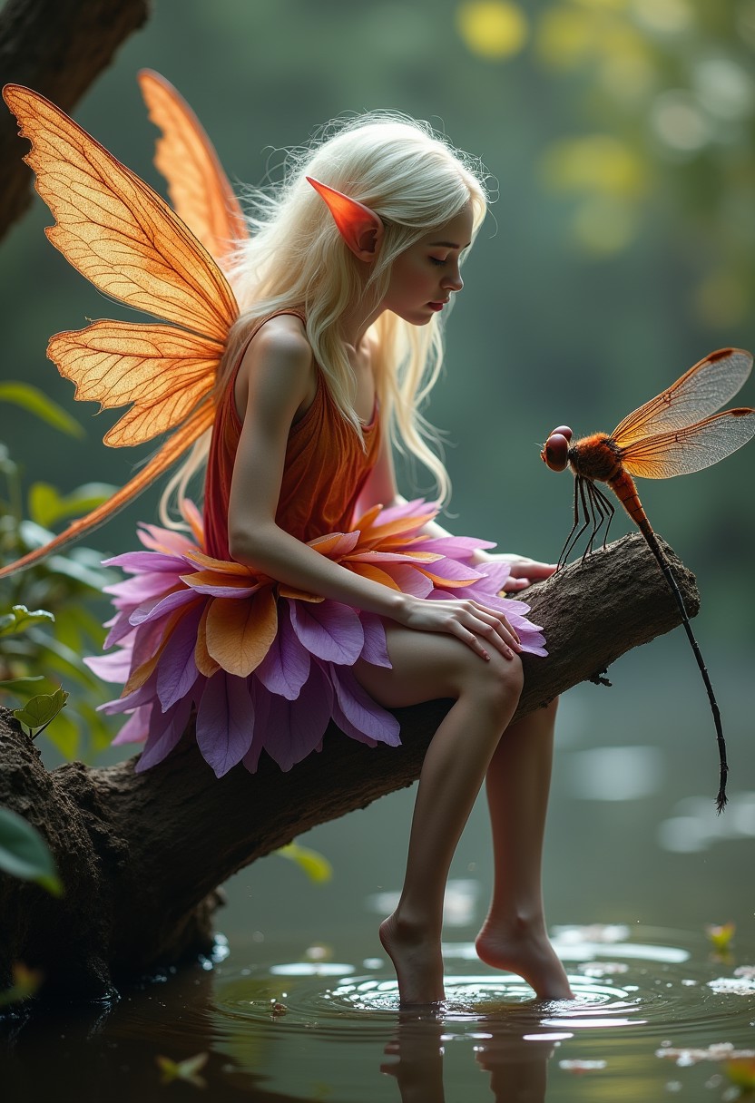 Highly detailed, cinematic macro photo in the style of Brian Froud
20yo slender lanky woman dressed like a fairy. She has long elven ears. Her hair is cream colored, and is voluminous and wavy, with a dress fashioned from flower petals that are purple, orange, red. Her feet are dipped in the water. Her wings are shaped like translucent autumn leaves. She's sitting on a branch above a pond, kicking her feet playfully in the water below. She is looking with amusement at a giant colorful dragonfly that is perched on the end of the branch, facing toward her. She has shimmering violet skin.