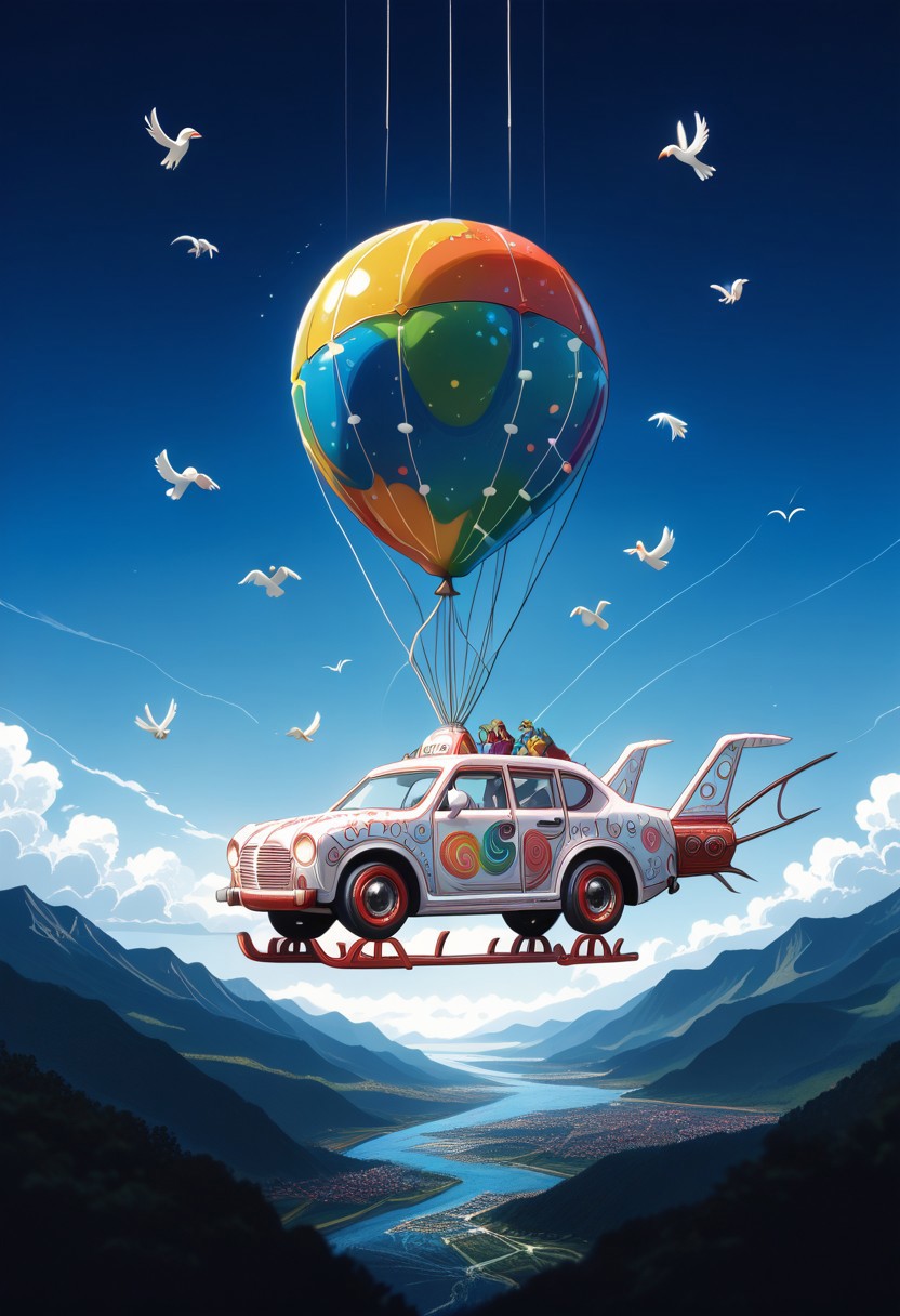 ppstorybook, A whimsical, flying van made of shingles with rainbow-colored paint and oversized wheels, soaring through the clouds with balloons made of shingles trailing behind, surrounded by fluffy clouds made of shingles and playful birds made of shingles , depicted in a cheerful, cartoonish style with soft pastel hues. mad-shingles