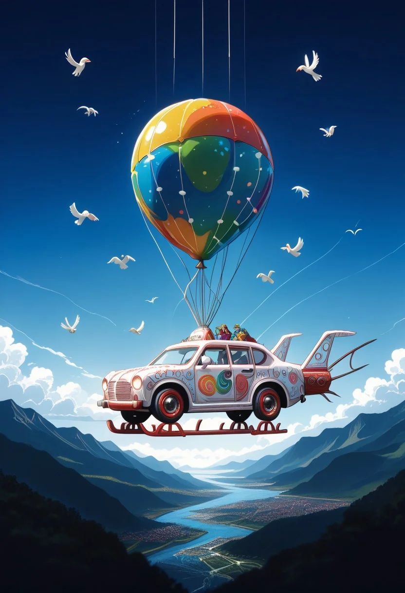 ppstorybook, A whimsical, flying van made of shingles with rainbow-colored paint and oversized wheels, soaring through the clouds with balloons made of shingles trailing behind, surrounded by fluffy clouds made of shingles and playful birds made of shingles , depicted in a cheerful, cartoonish style with soft pastel hues. mad-shingles