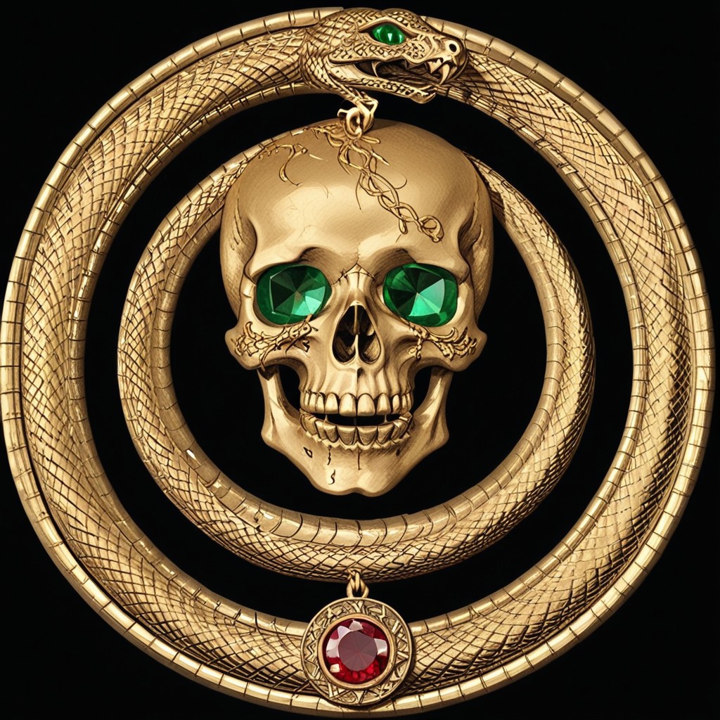 Black and gold medallion, a skull and crossbones symbol in the center of the medallion, skull_graphics,  a black ouroboros on the outer edge of the medallion. the boarder around the medallion is a snake eating its tail, intricate engraved black background+, very detailed, high resolution. Red Rubies are used for the skull eyes. A green emerald is used for the snake’s eye.