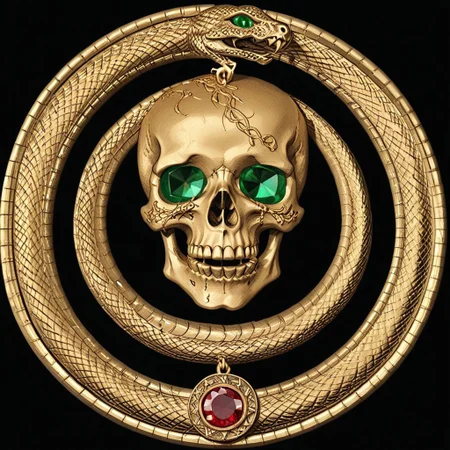 Black and gold medallion, a skull and crossbones symbol in the center of the medallion, skull_graphics, a black ouroboros on the outer edge of the medallion. the boarder around the medallion is a snake eating its tail, intricate engraved black background+, very detailed, high resolution. Red Rubies are used for the skull eyes. A green emerald is used for the snake’s eye.