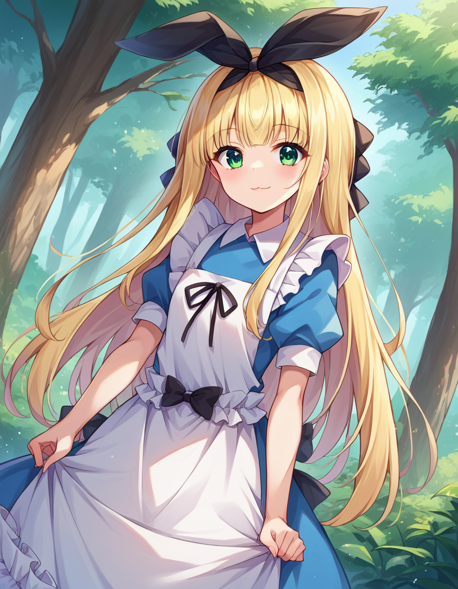 score_9, score_8_up, score_7_up, source_anime,
alicemononobe, <lora:alice-mononobe-ponyxl-lora-nochekaiser:1>
alice mononobe, animal ears, black hairband, blonde hair, bow, bow hairband, fake animal ears, green eyes, hairband, long hair, very long hair,
apron, blue dress, collared dress, dress, frilled dress, frills, white apron,
outdoors, forest, smile,
looking at viewer, cowboy shot, dutch angle, solo,