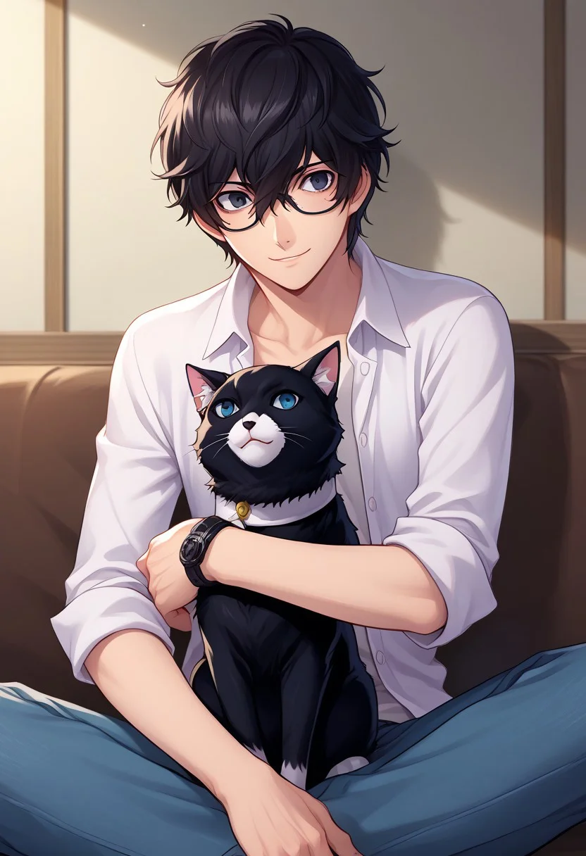 score_9, score_7_up, source_anime 
renpers, 1boy, male focus, solo, black eyes, black hair, hair between eyes, glasses, short hair, shirt, white shirt, collared shirt, sleeves rolled up, open shirt, open clothes, black shirt, t-shirt, wristwatch, jeans, morgana (cat), black cat, cat, animal, smile, hug animal,
indoor, sit,
