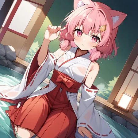 Aomokoka Style,nochekaisershot,
1girl,japanese clothes, hairclip, wide sleeves, ribbon trim, long sleeves, hakama skirt, miko, sleeves past wrists, red hakama, white kimono, tabi, ribbon-trimmed sleeves, pinching sleeves,yuika3,cat ears,Expressiveh,nochekaisershot,pink hair,solo,pink eyes