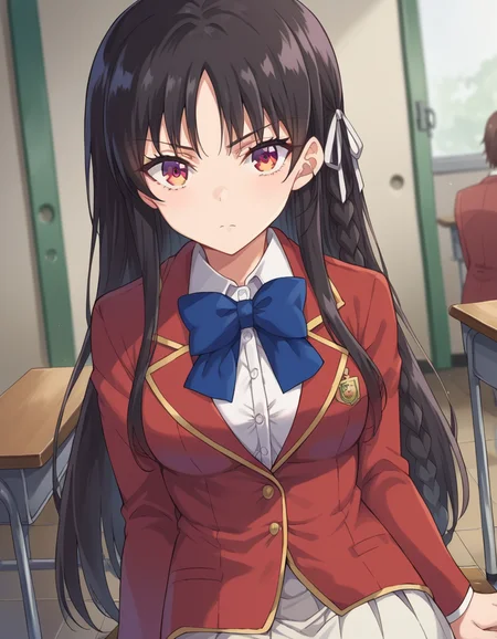 score_9, score_8_up, score_7_up, source_anime,
suzunehorikita, <lora:suzune-horikita-ponyxl-lora-nochekaiser:1>,
suzune horikita, long hair, black hair, red eyes, hair ribbon, braid,
bow, school uniform, jacket, bowtie, blue bowtie, blazer, red blazer, skirt, white skirt,
indoors, classroom, hallway, sitting, desk, chair,
looking at viewer, cowboy shot, dutch angle,