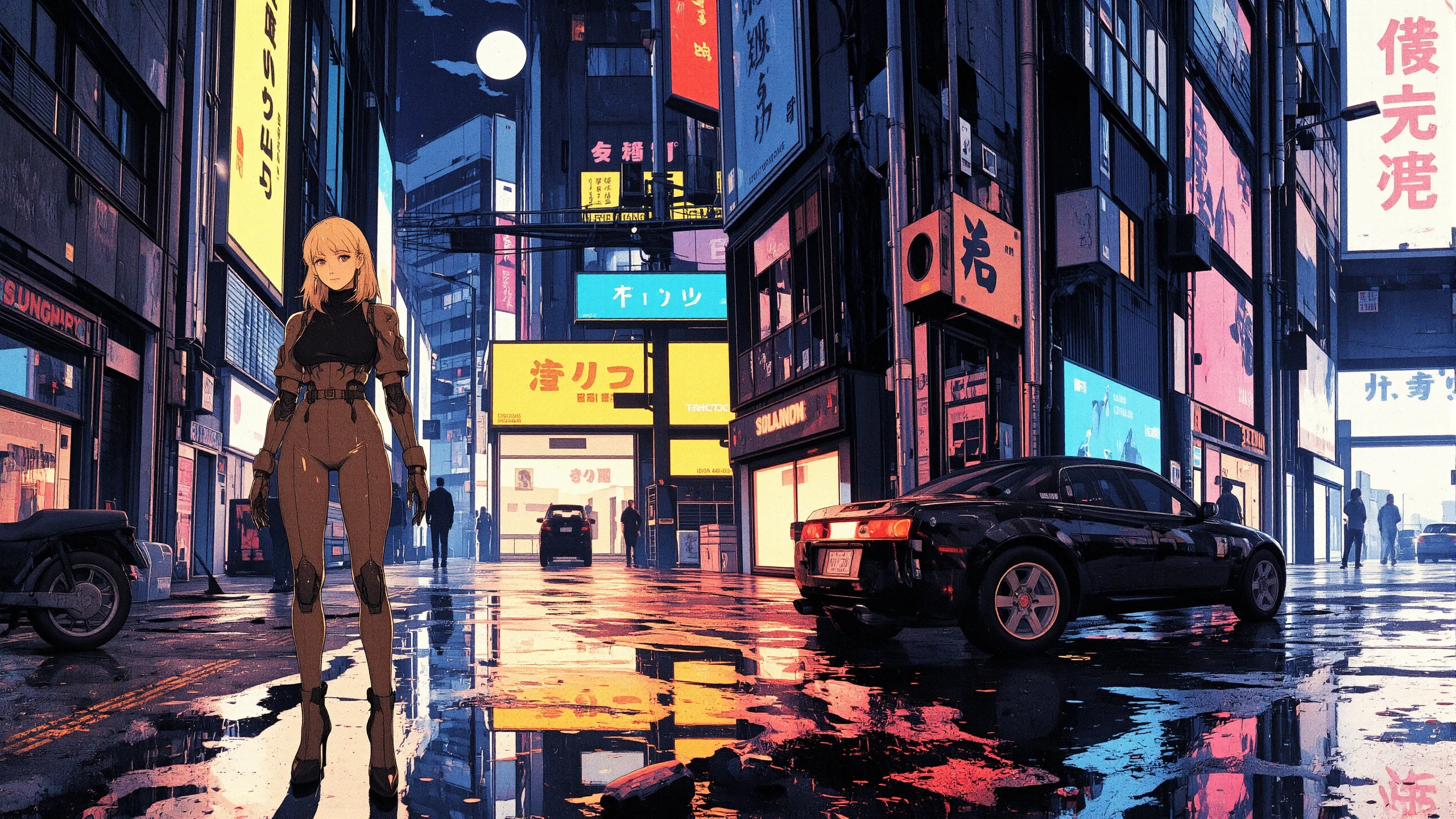 Palauan twin drills medium blonde hair (young woman), anime, illustration, cyberpunk, futuristic, (extremely detailed), (portrait), (standing:1.3), (happy smile), (beautiful cyberpunk tokyo buildings landscape), wet floor, windows, motorbike, car, moon in the sky, (bright neon lights), screen holograms, kanjis, raytracing, hdr, high contrast, ethereal cinematic lights, backlight, reflections, (legs), heels, (sharp focus), luminous Dark Sand Brown robot glossy brilliant armor, body lights, body circuits, glossy lipstick, necklace, drop earrings, colorful, retrowave, shadows, vibrant colors, pretty, beautiful, feminine, sexy, lovely, in love, adorable, fashion,  <lora:Hand v2:1> <lora:Anti-Blur:1> <lora:RetroAnimeFluxV1:0.4> <lora:CPA:0.8> <lora:Luminous_Shadowscape:0.4>