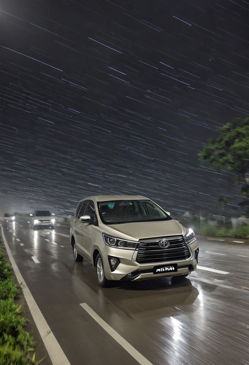 Toyota Innova, toll road, high speed, heavy rain, night,