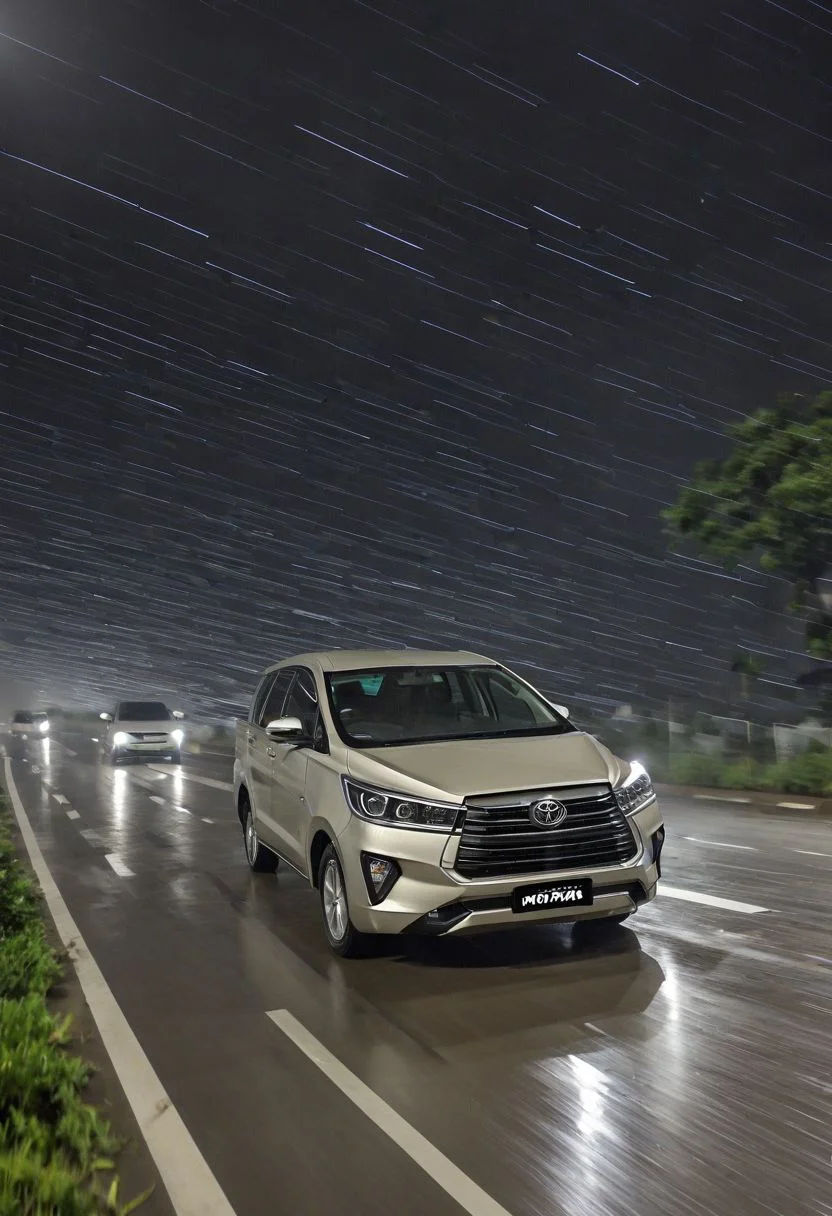 Toyota Innova, toll road, high speed, heavy rain, night,